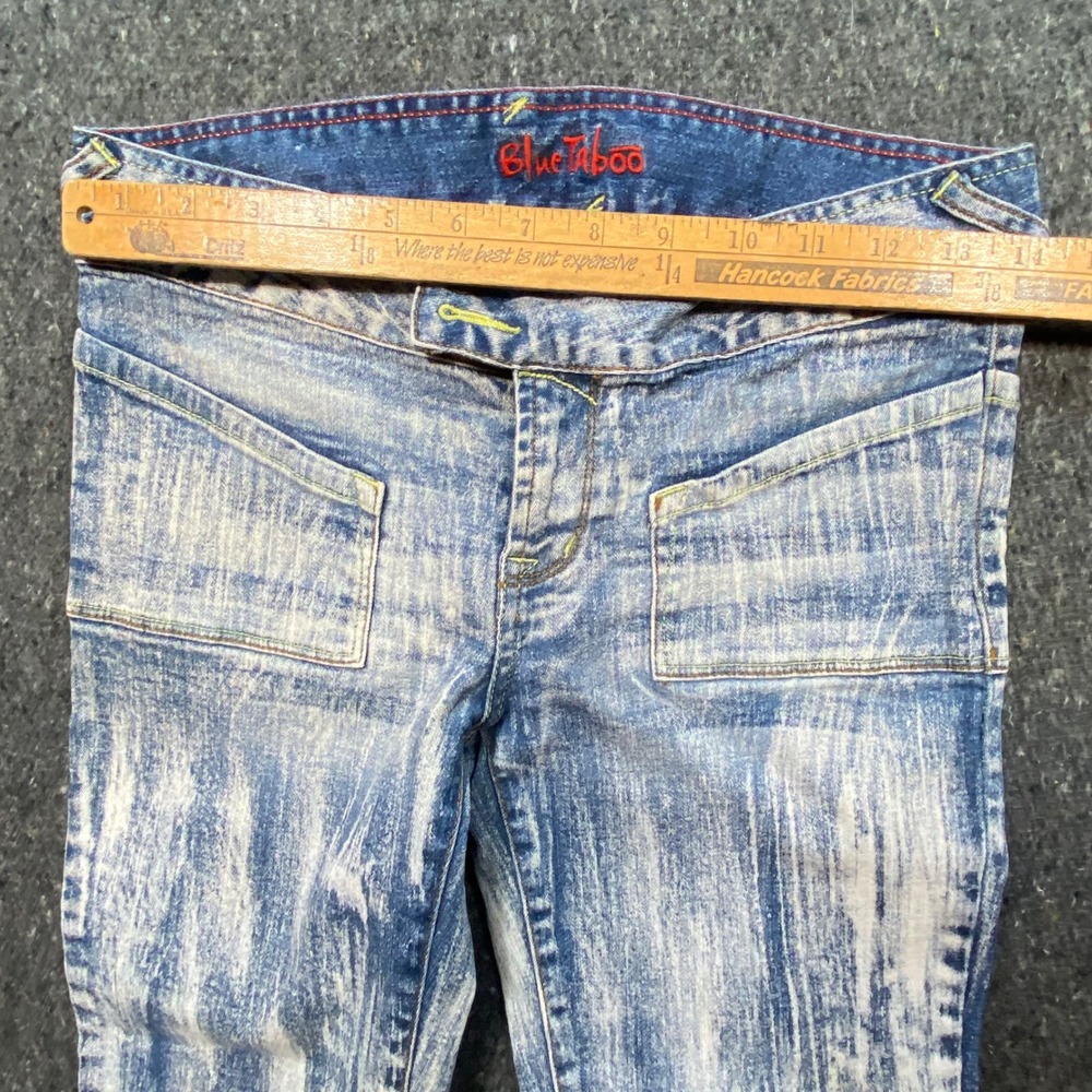 Blue Taboo Jeans Sz‎ 5 Womens Y2K Grunge Acid Wash Flare Low Rise Patch Pocket - Picture 9 of 11